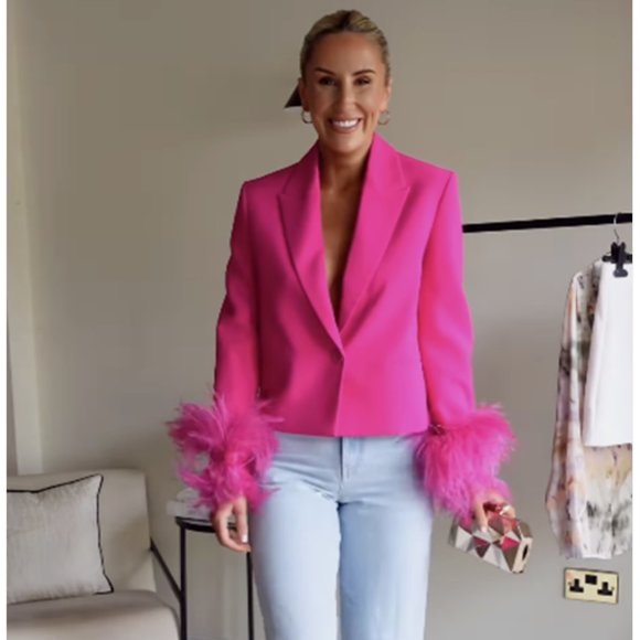ZARA FUCHSIA SHORT FEATHER BLAZER JACKET XS S M NWT - Picture 1 of 11